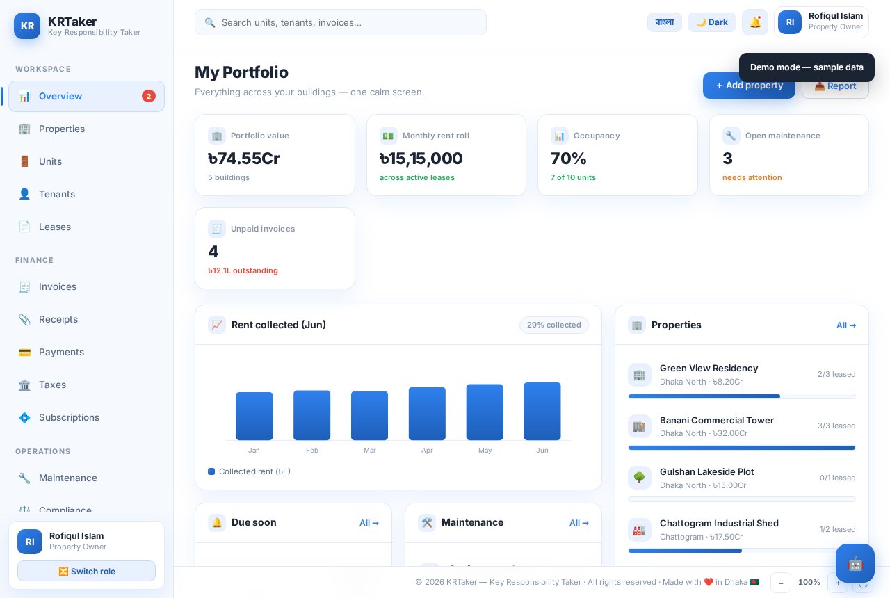 KRTaker workspace — owner portfolio dashboard