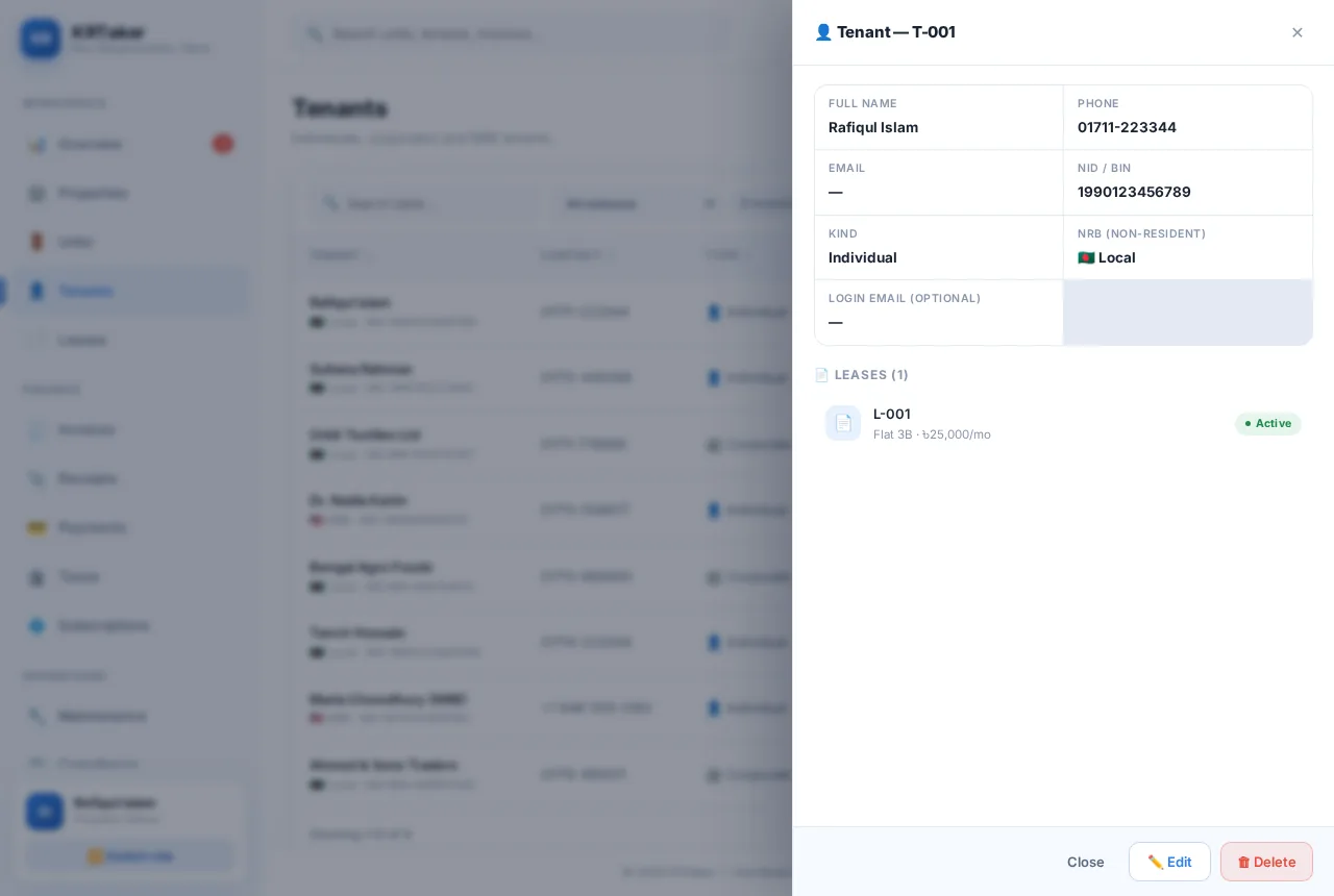 KRTaker owner workspace — tenant record drawer